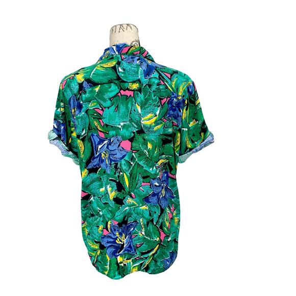 Vintage 90s Women's JAFF Floral Green Floral Button Up Top - Size Large - Picture 2 of 9